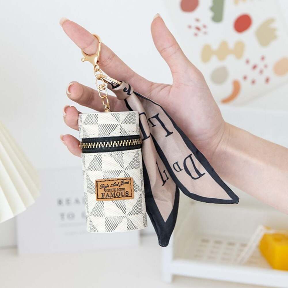 Vogue New Famous Checkered Cylinder Mini Lipstick Case Keychain with Scarf Charm